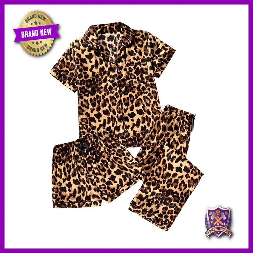 Women's 3 Piece Leopard Print Pajama Set Short Sleeve Button Down Shorts Pants
